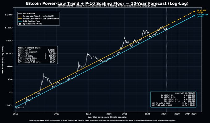 A log-log chart titled "Bitcoin Power-Law Trend + P-10 Scaling Floor — 10-Year Forecast" tracking BTC price from 2010 through 2036, showing Bitcoin's historical price (white line), fitted power-law trend (orange), and P-10 scaling floor (blue) with a current spot price of $77,690—below its $139,557 trend target and near its $65,994 floor, with 2034 projections of $1.15M–$1.72M.