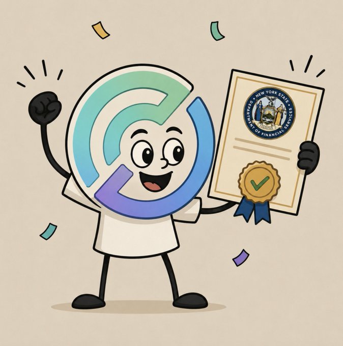 A cartoon mascot with a circular logo celebrates while holding a certificate from the "New York State Dept. of Financial Services," visually representing the regulatory approval tied to Circle's announcement of 11 Arc mainnet validators and its strong Q2/2026 financial results featuring $701M revenue and $73.3B USDC circulation.