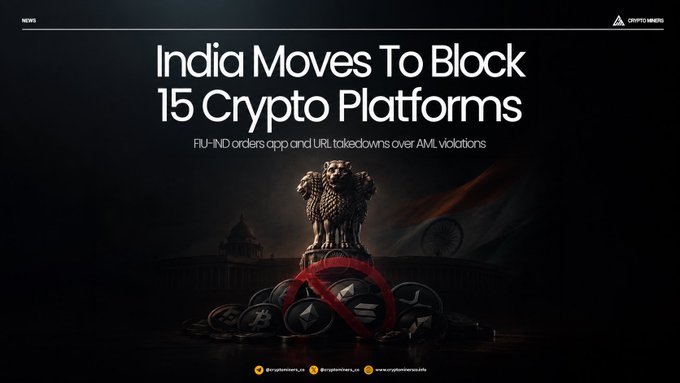 A news graphic from Crypto News titled 'India Moves To Block 15 Crypto Platforms' with subtitle 'FIU-FIN orders app and URL takedowns over AML violations,' featuring the Lion Capital of Ashoka emblem above blocked crypto coin symbols.