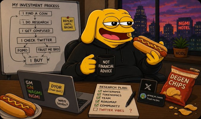 A cartoon frog character sits at a desk cluttered with crypto-meme items—including a flowchart titled "MY INVESTMENT PROCESS" (Find Coin → Research → Confused → Twitter → FOMO → Trust Me Bro → Buy), sticky notes like "REPEAT UNTIL BROKE," "NOT FINANCIAL ADVICE," "DYOR," "wen lambo," and ticker abbreviations GM/GN/WAGMI/NGMI—while eating a hotdog next to a "DEGEN CHIPS" bag and a "NGMI HOTEL" city backdrop. The image satirizes the chaotic, emotion-driven ("FOMO," "Twitter vibes") decision-making of meme-coin traders, humorously fitting the post's excitement about meme coins pumping on BNB Chain.
