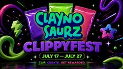 Colorful promotional banner for 'CLAYNO SAURZ CLIPPYFEST' event taking place July 17–July 27, featuring clip art and 'GIF rewards' text on a neon background.