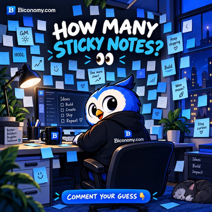 A cartoon owl character wearing a black hoodie with 'B Biconomy.com' sits at a desk surrounded by numerous sticky notes and a computer, with text 'HOW MANY STICKY NOTES?' and 'COMMENT YOUR GUESS'.