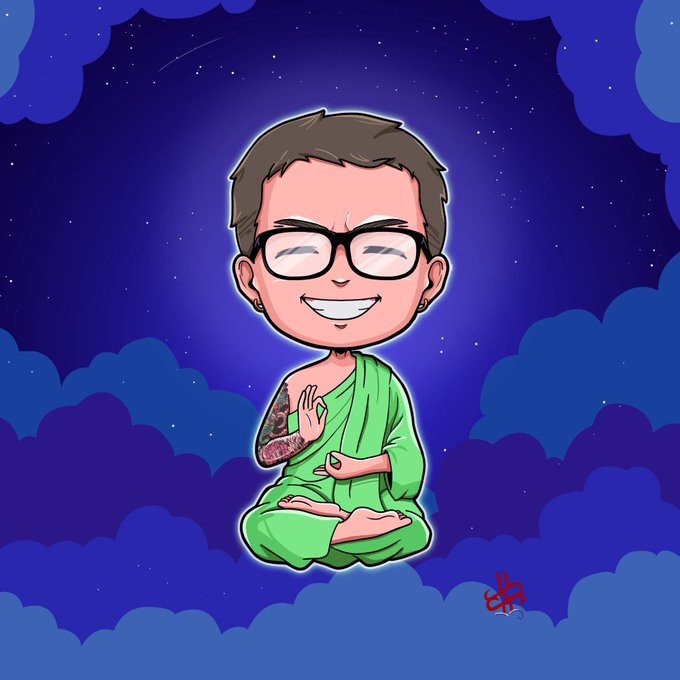 A cartoon caricature of a smiling man with glasses and a green robe, sitting in a meditative pose with hands together against a dark blue night sky background with clouds and stars.