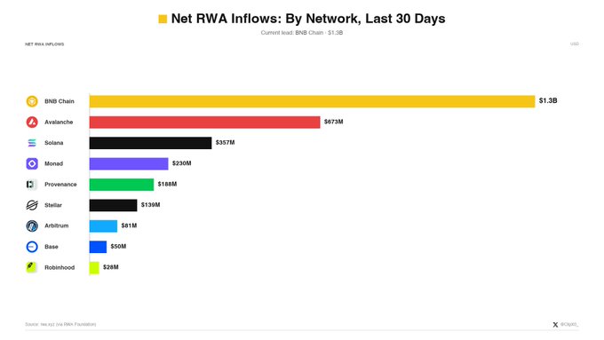 A bar chart titled 'Net RWA Inflows: By Network, Last 30 Days' showing BNB Chain leading with $1.3B, followed by Avalanche ($673M), Solana ($357M), Monad ($230M), Provenance ($186M), Stellar ($138M), Arbitrum ($81M), Base ($50M), and Robinhood ($28M).