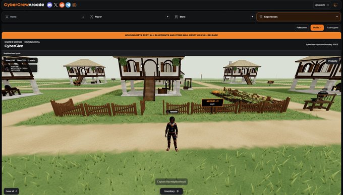 A screenshot of a 3D virtual world game called CyberGlen on CybercrewArcade platform, showing a character standing on a sandy path with houses, fences, and other players in the background.