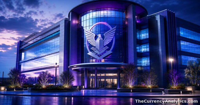 A modern corporate building illuminated with blue and purple lighting at dusk features a large eagle emblem on its glass facade, with 'TheCurrencyAnalytics.com' watermark in the corner.