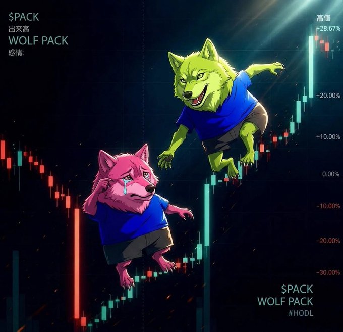 An illustration labeled "$PACK WOLF PACK" and "#HODL" depicts a green wolf in an aggressive pose above a pink, crying wolf, set against a background of candlestick stock charts with values ranging from -30.00% to +28.67%.