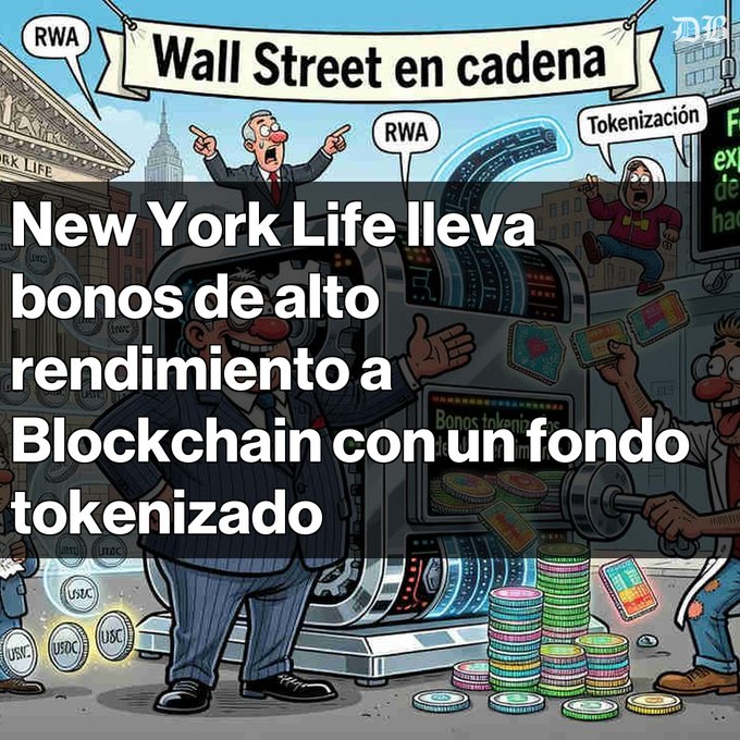 Cartoon illustration with banner 'Wall Street en cadena' showing characters labeled 'RWA' and 'Tokenización', with overlaid text 'New York Life lleva bonos de alto rendimiento a Blockchain con un fondo tokenizado' and USDC coin imagery.