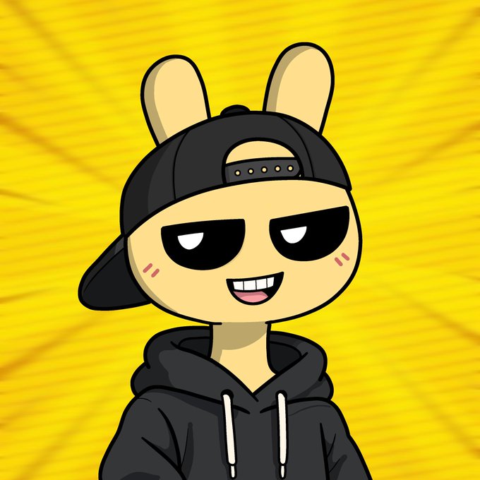 A cartoon bunny character wearing a black cap and hoodie grins confidently against a vibrant yellow sunburst background, embodying the cool, approachable vibe of the "bunii pad" minting platform. The character's smug expression reinforces the post's message of a smooth, hassle-free minting experience with no over-allocation.