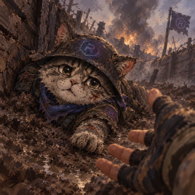 A mud-covered tabby kitten wearing a helmet marked with an "R" emblem reaches out from a muddy trench as a human hand extends toward it, set against a flaming, war-torn battlefield with a matching "R"-inscribed flag in the background—evoking the desperate plea of the battered soldier to the "Lord Moth."