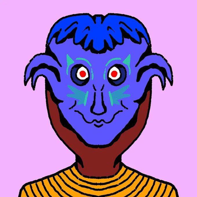 A digital illustration of a blue-skinned humanoid figure with pointed ears, wide red eyes, and dark blue hair, wearing an orange and black striped shirt against a pink background.