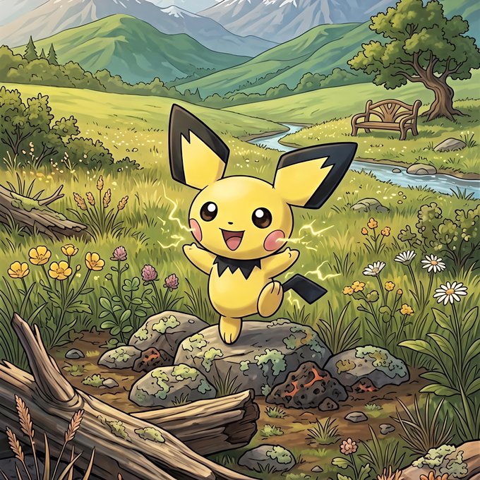 An illustration features a character resembling Pichu from Pokémon, a yellow electric-type creature with black-tipped ears, standing joyfully in a lush, detailed grassy meadow with mountains in the background.