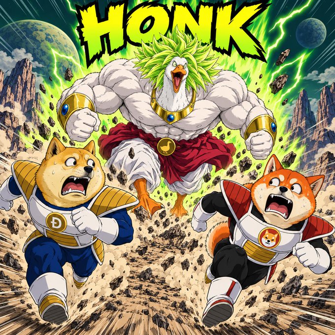 An anime-style meme illustration with the text 'HONK' showing a muscular Super Saiyan goose facing off against frightened Doge and Shiba Inu characters in Dragon Ball Z poses.