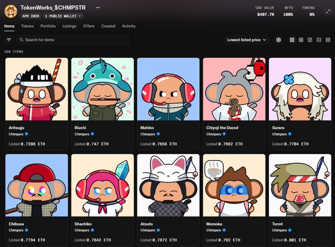 A screenshot of the TokenWorks_$CHIMPSTR NFT marketplace on April 2026, showing 398 items with listings in ETH, featuring Chimpers character NFTs like Aritsugu (0.7398 ETH), Riuchi (0.747 ETH), Mahiko (0.7656 ETH), Chiyoji the Dazed (0.7662 ETH), Surara (0.7704 ETH), Chibusa (0.7794 ETH), Shachiko (0.7842 ETH), Atsuto (0.7872 ETH), Momoka (0.792 ETH), and Torori (0.801 ETH).