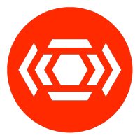A red circular logo featuring a stylized white geometric design resembling connected hexagons or brackets.