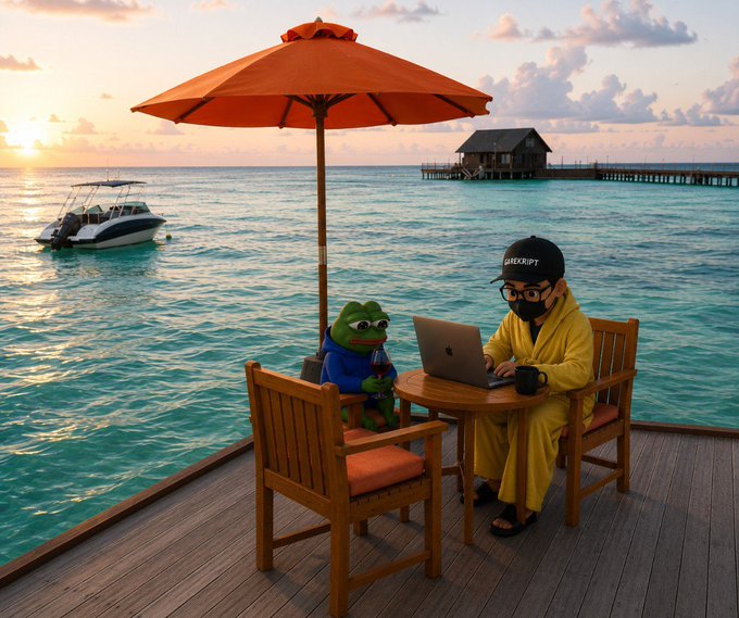 A whimsical scene of a person in a yellow robe and black cap working on a laptop alongside a Pepe the Frog character at a table under an orange umbrella on a deck over turquoise water at sunset.