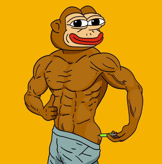 A cartoon illustration of a muscular brown monkey character with large lips stands against a yellow background, wearing grey shorts while pumping a lighter into its waistband.