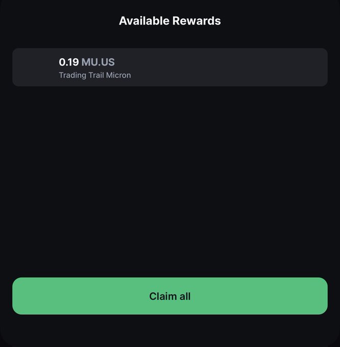 A dark-themed rewards screen displays an "Available Rewards" section showing 0.19 MU.US (Trading Trail Micron), with a green "Claim all" button at the bottom—suggesting the poster is celebrating an effortless gain on the Micron stock ticker.