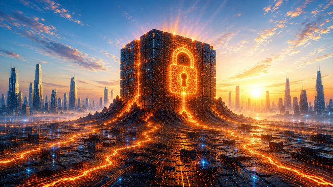 A glowing padlock icon is embedded on a massive, fortress-like cube set against a cityscape, with fiery cracks radiating across the foreground. The imagery of digital security and financial fortress walls visually reinforces the survey's finding that 68% of Americans want their financial data protected by explicit consent or not collected at all.