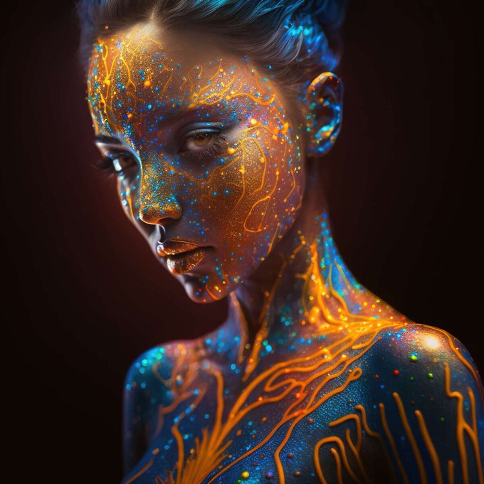 The image features a woman's face painted with gold, blue, orange, and green colors, giving her an ethereal appearance. The background of the image is dark red, which contrasts with the vibrant colors of the woman's face. The caption on the image reads "Gilded Minted with Manifold Listed on Transient Available on Primary transient.xyz/nfts/ethereum/ ...". This suggests that the artist has used a technique to create an illusion of depth and dimension, making it appear as if the woman's face is floating in space or moving through time. The use of multiple colors and the application of these colors in a way that creates a sense of movement adds to the overall visual impact of the image.