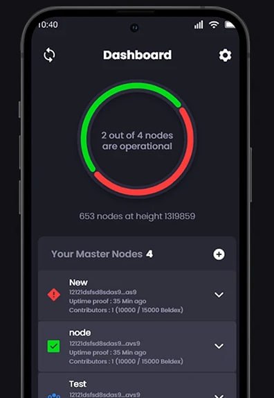 A mobile dashboard app displaying "2 out of 4 nodes are operational" with a red and green circular progress indicator, showing 653 nodes at height 1319859 and listing master nodes including "New", "node", and "Test".