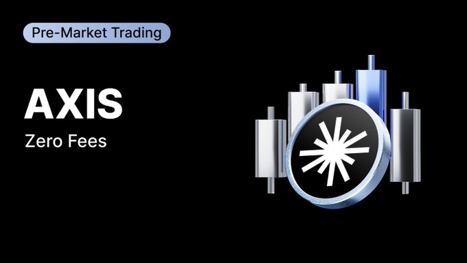 A bold promotional graphic for "AXIS" features "Pre-Market Trading" and "Zero Fees" text alongside a 3D render of cryptocurrency tokens and candlestick chart elements, tying into the announcement of AXIS's Token Generation Event on September 21st.