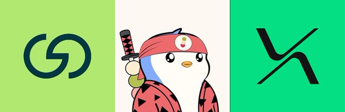 In this image, there are three cartoon penguins wearing colorful outfits standing next to each other against a dark background. The first penguin has a sword in its hand while the second one has a hat with a feather sticking out of it. The third penguin is also holding a sword and looking down at the first two penguins. In the top left corner, there's a green flag that says "G". On the right side, there's another green flag with the letter "X" on it. Below these flags, there are three squares against one another, each representing a different cryptocurrency: "G", "X", and "L". The image also contains text that says "My current airdrop grind on Perp DEXs #grtvio → TGE + airdrop is just a few days away (confirmed for this month). I've been farming it since Phase 0 of the testnet, so I'am hoping for a solid allocation @dango → 50% of the supply is allocated to the S1 airdrop".