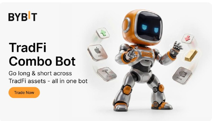 Bybit advertisement for 'TradFi Combo Bot' featuring an orange and white robot character with the tagline 'Go long & short across TradFi assets - all in one bot.'