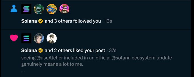 A social media notification screen shows that Solana and 3 others followed the user (13s ago), and Solana along with 2 others liked the user's post expressing gratitude for being included in an official Solana ecosystem update. The image captures the user's excited reaction to receiving direct engagement from the official @solana account, which prompted their "omg hi @solana" reply.