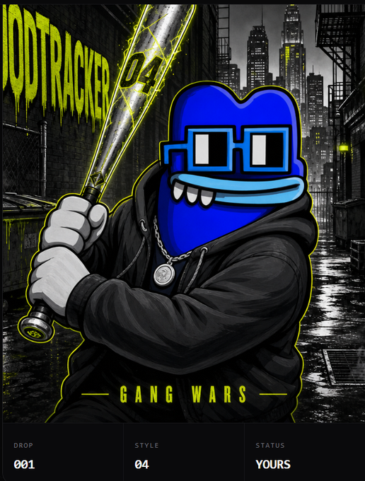 A digital illustration shows a blue, blocky character wearing glasses and a black hoodie, holding a yellow and black baseball bat in an urban alleyway, with text reading 'BLOODTRACKER 04' and 'GANG WARS'.