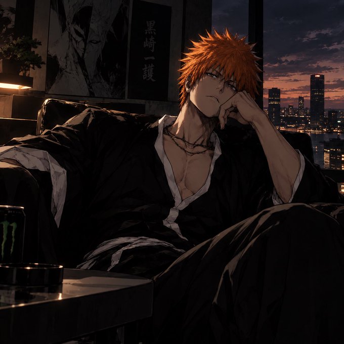 Anime-style illustration of an orange-haired male character wearing a black kimono, sitting on a couch with a Monster energy drink beside him and a city skyline at sunset visible through the window.