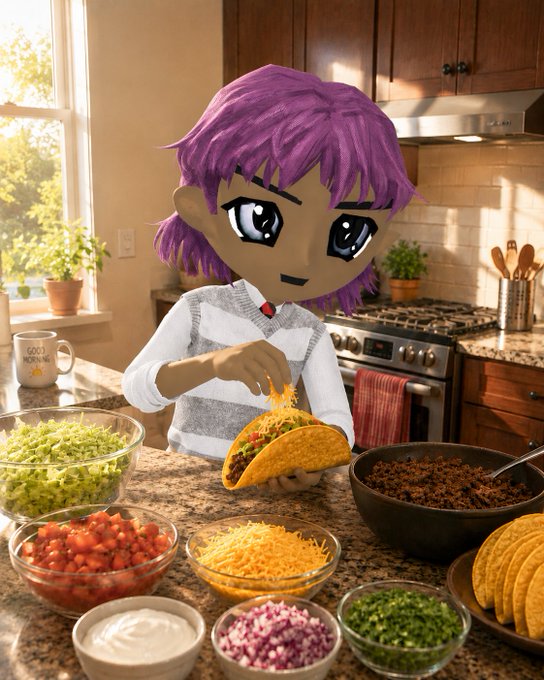 An AI-generated illustration shows a purple-haired character preparing tacos in a kitchen, with bowls of lettuce, tomatoes, cheese, onions, and meat laid out on the counter.