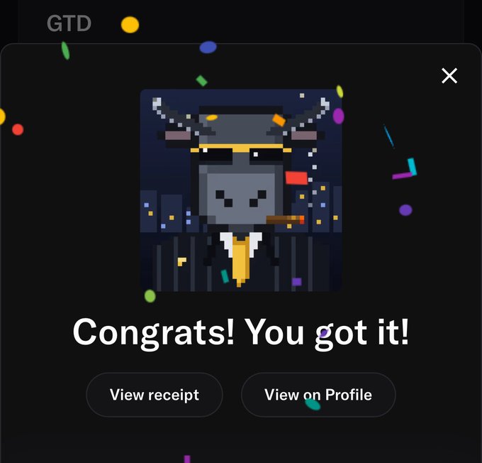 A pop-up notification reading 'Congrats! You got it!' showing a pixel art character with horns and a tie under the label 'GTD'.