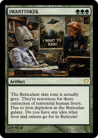 The image features a card with an illustration of two people, one dressed as an alien and the other wearing a suit. The background includes a picture of a person holding a book and a sign that says "I want to kek!". There is also a description of the card in white text at the bottom, which reads: "RECENT SIGHTING Asset ▸ IWANTTOKEK Artist ▸ OK_SA Location ▸ Earth #GreyPepe #Counterparty #XCP #Bitcoin". The image seems to be related to an online post or discussion about the card.