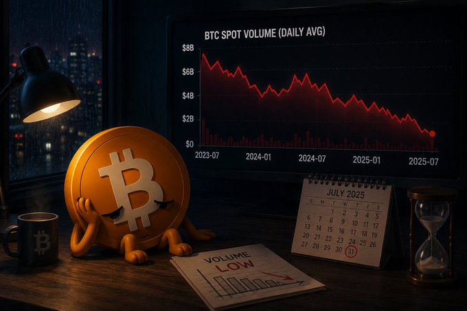A Bitcoin-themed illustration depicts a distressed Bitcoin character beside a declining BTC spot volume chart (2023-2025), with a calendar marking July 2025 and a note reading "VOLUME LOW".
