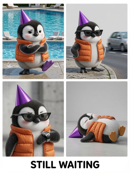 A four-panel meme shows a cute, plump cartoon penguin wearing an orange puffer vest and purple party hat looking confident by a pool and on a city street, but ultimately lying on its back, exhausted and defeated, with the caption "STILL WAITING." The image humorously illustrates the exhausting cycle of crypto users endlessly awaiting airdrops from projects like Polymarket, MetaMask, OpenSea, Base, and Abstract, as referenced in the post.