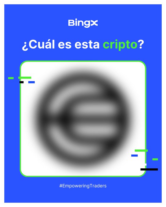 A BingX advertisement asking '¿Cuál es esta cripto?' with a blurred logo resembling a stylized 'E' and the hashtag '#EmpoweringTraders'.