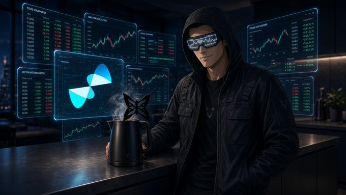 An illustration of a hooded figure wearing digital glitch glasses, holding a steaming black kettle, with multiple screens showing trading charts and data in the background.