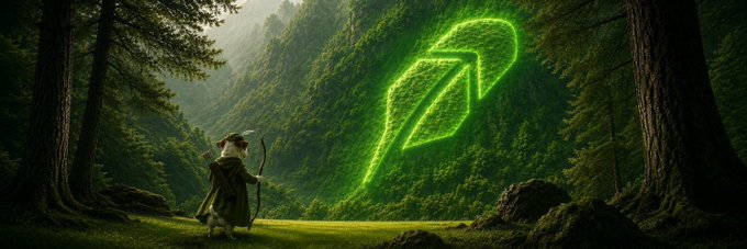 A small mouse archer stands in an ancient forest, aiming a bow at a glowing green wishbone-shaped symbol hovering on a hillside, visually tying into the "$WISHBONE" Robinhood Chain project (X: @wishbonehood) featured in the post.