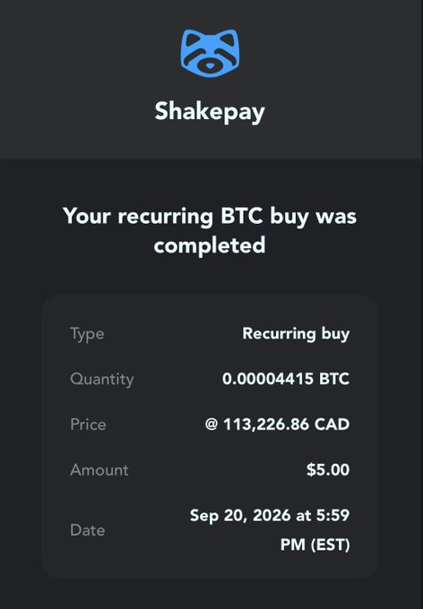 A Shakepay app notification confirming a completed recurring BTC buy of 0.00004415 BTC at $113,226.86 CAD for $5.00 on Sep 20, 2026 at 5:59 PM (EST).