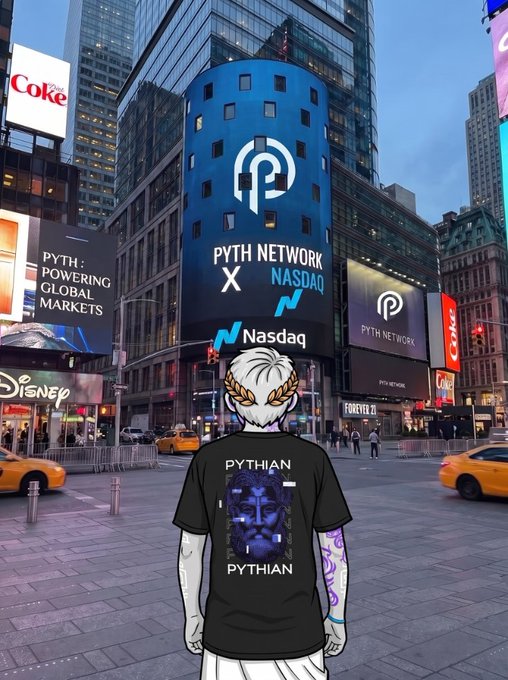 Illustrated scene of a character wearing a 'PYTHIAN' t-shirt standing in Times Square, with large Nasdaq billboards promoting 'PYTH NETWORK x NASDAQ' in the background.