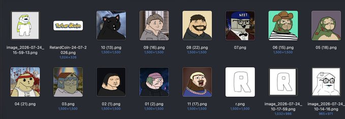 The image displays a gallery of 16 cartoon-style avatar files with filenames like "00.png," "05.png," and dates such as "2026-07-24," all sized at either 1,500x1,500 or smaller resolutions. The crude, meme-like drawings—including characters, beans, and letter "R" icons—match the post's caption about drawing "retarded" character portraits, suggesting these are intentionally low-quality digital caricatures meant as a humorous collection.