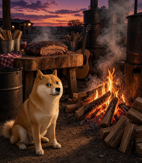 A Shiba Inu dog sits beside a campfire on a rustic wooden table, with a guitar and sunset in the background.