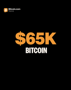The image displays a Bitcoin.com News graphic with bold orange and white text reading "$65K BITCOIN" against a black background, visually emphasizing Bitcoin's recovery to the $65,000 price level mentioned in the accompanying post about $BTC climbing back to that milestone.