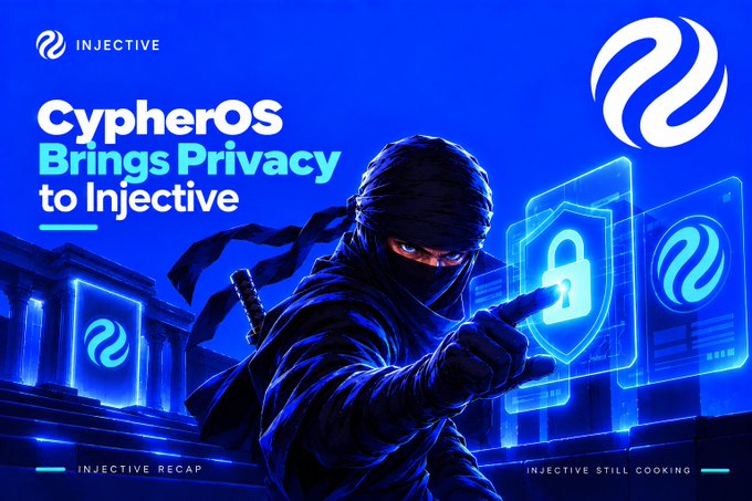 A promotional graphic with the Injective logo reading 'Cypheros Brings Privacy to Injective', showing a masked figure reaching toward a glowing blue padlock shield, with tags 'INJECTIVE RECAP' and 'INJECTIVE STILL COOKING'.