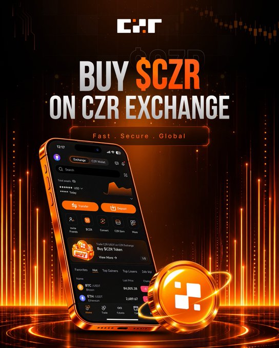 A cryptocurrency advertisement for CZR Exchange with the text 'BUY $CZR ON CZR EXCHANGE - Fast. Secure. Global' showing a mobile phone displaying the exchange app.