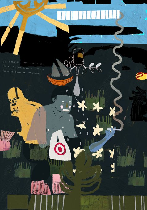 The image is a darkly surreal artwork featuring a figure with tears beside a target-marked bottle and abstract sun-like shapes, with handwritten text reading "TO SURVIVE ABOUT PEOPLE WHO AREN'T MAKING ART IN NFT AGE — ABSTRACT PEOPLE WHO WORKING" in the upper left. It relates to the post as the 2024 solo exhibition piece titled "plagued by good news," now being resold at a 1.420 ETH reserve and 5.690 ETH list price, following a recent secondary 1/1 sale of the artist's work "Dance, dance, dance" at 2 ETH.