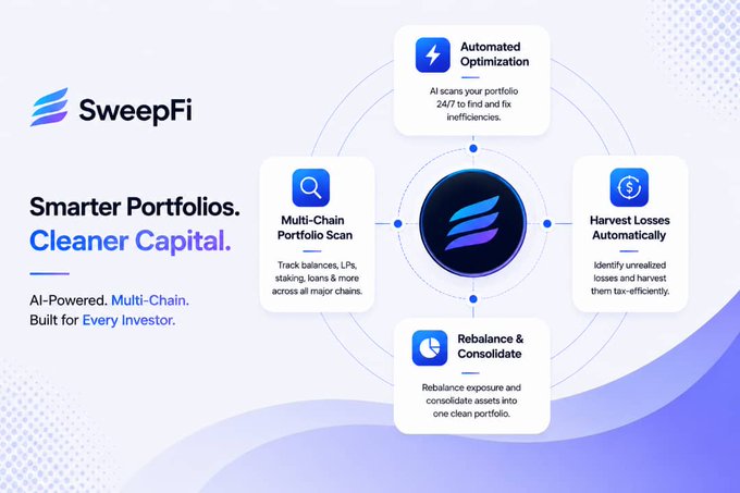 A marketing banner for 'SweepFi' promoting 'Smarter Portfolios. Cleaner Capital.' with features like Automated Optimization, Multi-Chain Portfolio Scan, and Rebalance & Consolidate.