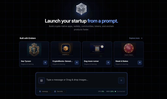 A startup launch interface titled 'Launch your startup from a prompt' by Emblem, showing projects including 'Sea Tycoon', 'Cryptoblocks: Genesis', 'Dog moon runner', and 'Steak & Stakes' in the Degens & Gaming category.