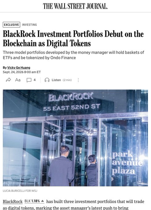 The image is a Wall Street Journal exclusive article headlined "BlackRock Investment Portfolios Debut on the Blockchain as Digital Tokens," reporting that BlackRock (BLK 1.18%) has tokenized three model portfolios of ETFs in partnership with Ondo Finance. The accompanying photo shows two men entering BlackRock's headquarters at 55 East 52nd Street (Park Avenue Plaza), visually reinforcing the WSJ story's central news. This aligns with the post's excitement about Ondo Intelligent Portfolios and the milestone moment for real-world asset (RWA) tokenization, as the article confirms BlackRock's significant institutional backing of Ondo's blockchain-based investment products.
